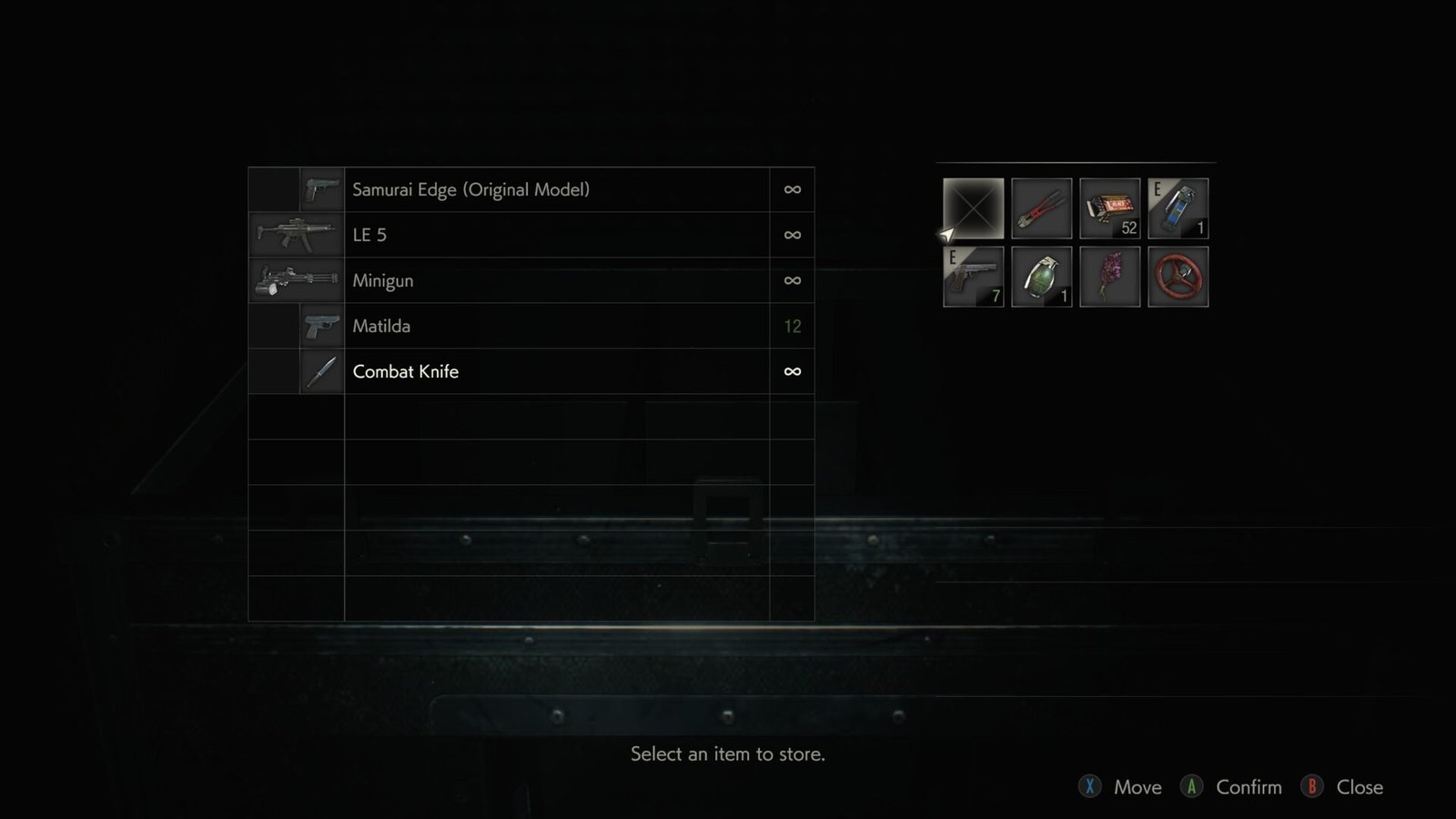 The Resident Evil 2 item box menu showing Leon managing his limited resources and weapon parts.