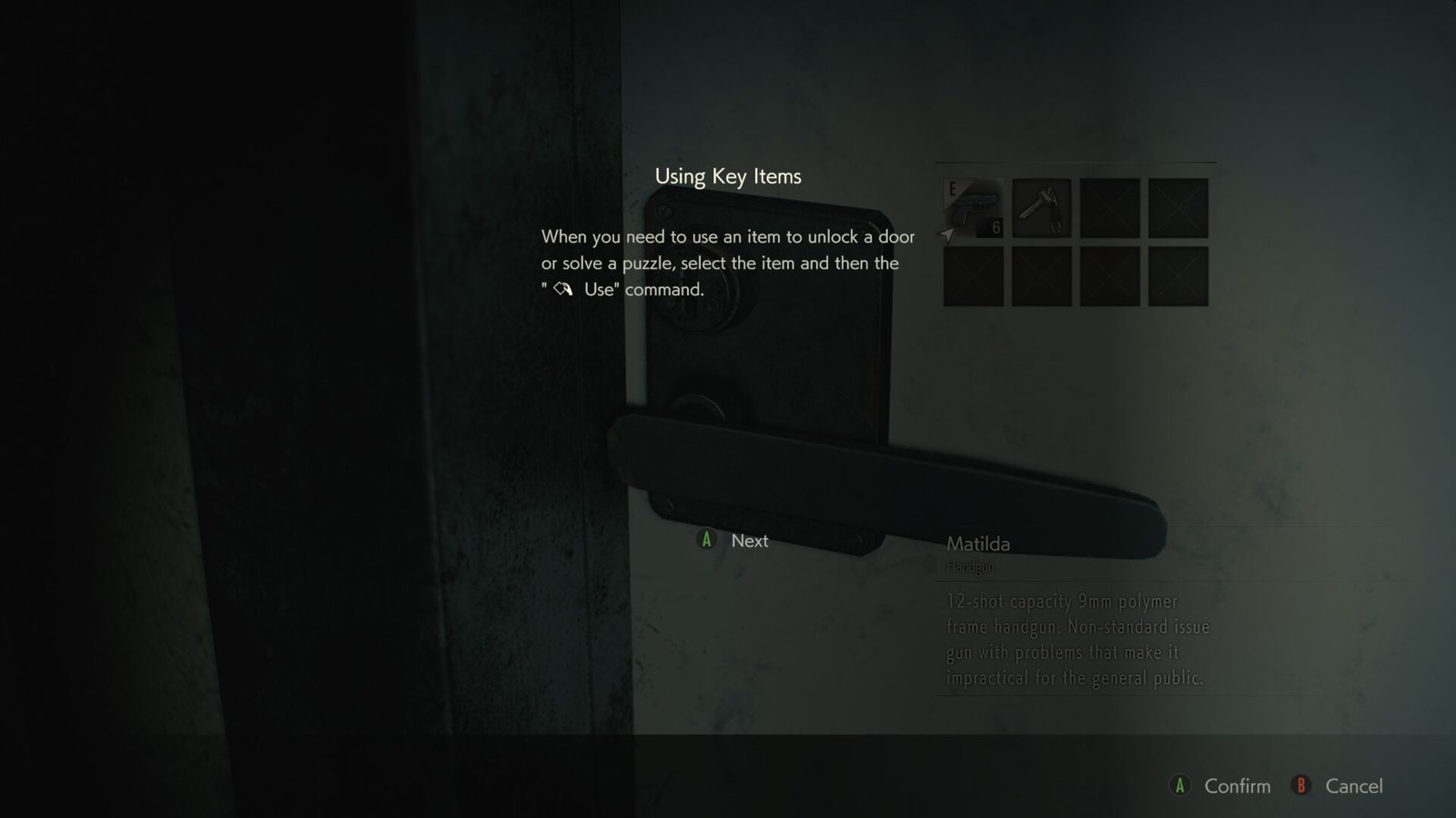 A gameplay tutorial in Resident Evil 2 showing how to use key items like keys to unlock doors and solve puzzles.