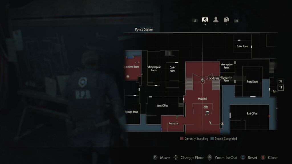 The RPD police station map in Resident Evil 2 showing explored rooms and key item locations.