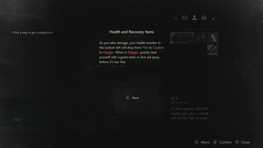 The Resident Evil 2 health and recovery items menu showing the Fine to Danger status monitor.