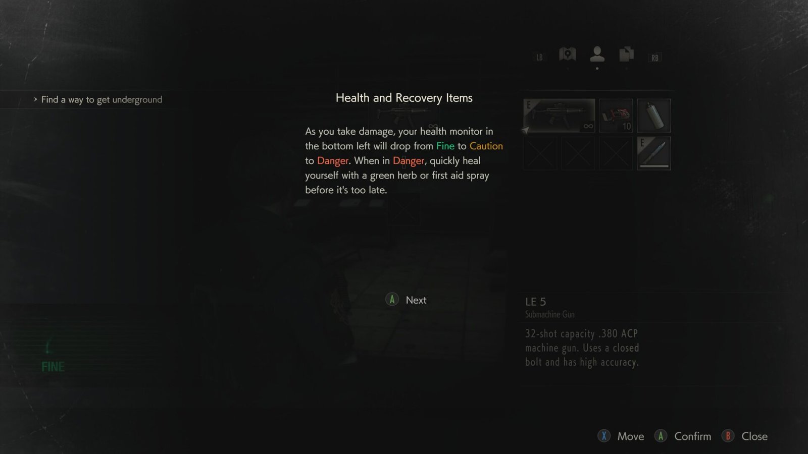The Resident Evil 2 health and recovery items menu showing the Fine to Danger status monitor.