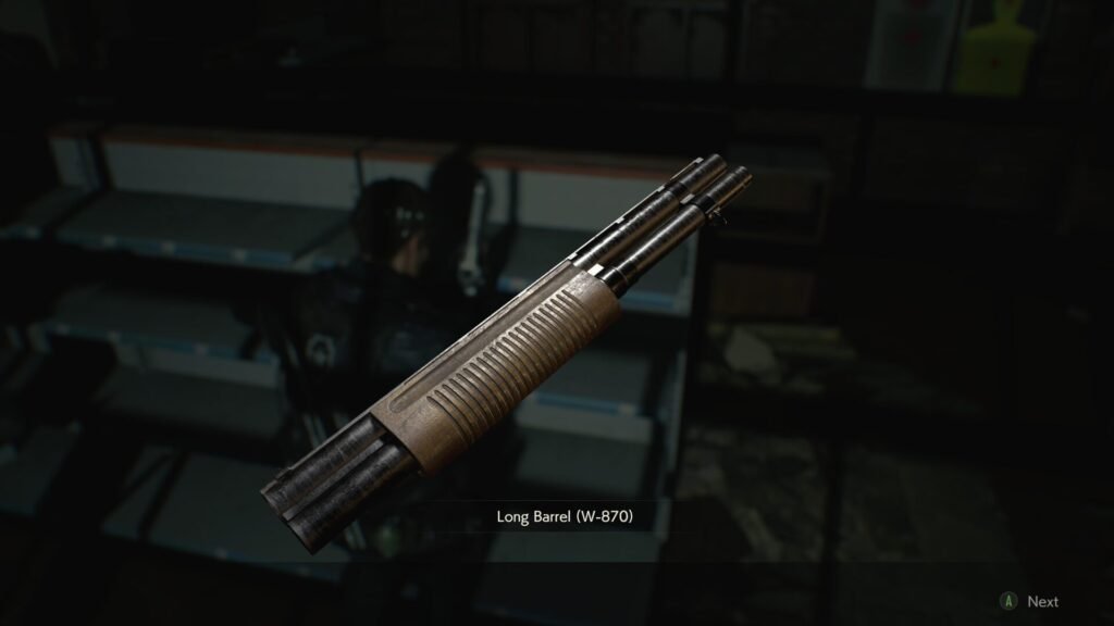 A close up of the W-870 Shotgun with the Long Barrel upgrade in the Resident Evil 2 menu.