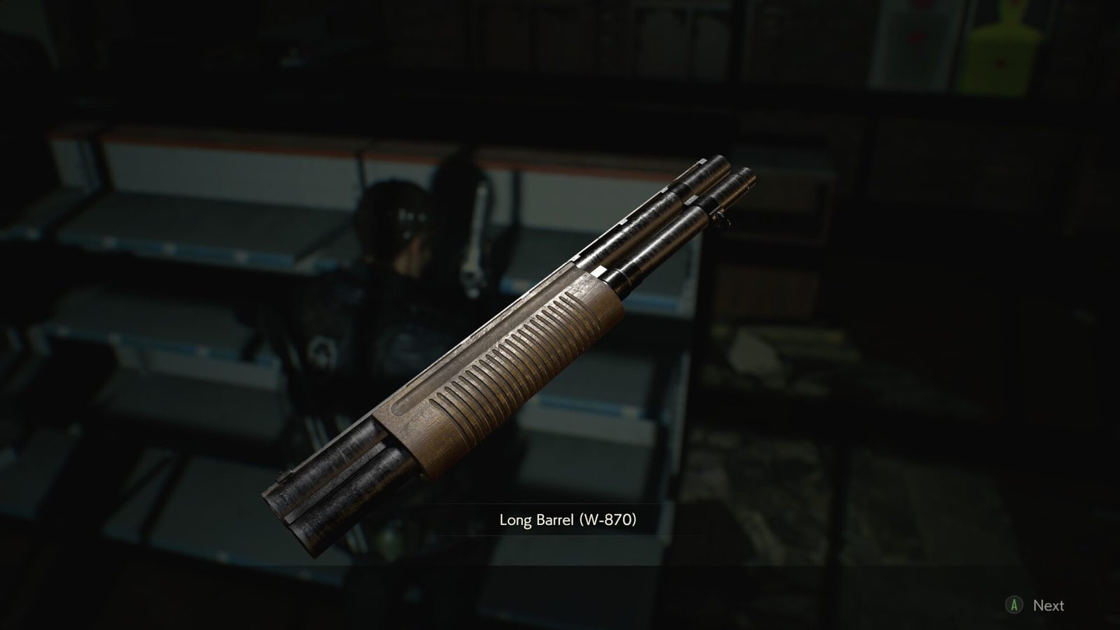 A close up of the W-870 Shotgun with the Long Barrel upgrade in the Resident Evil 2 menu.