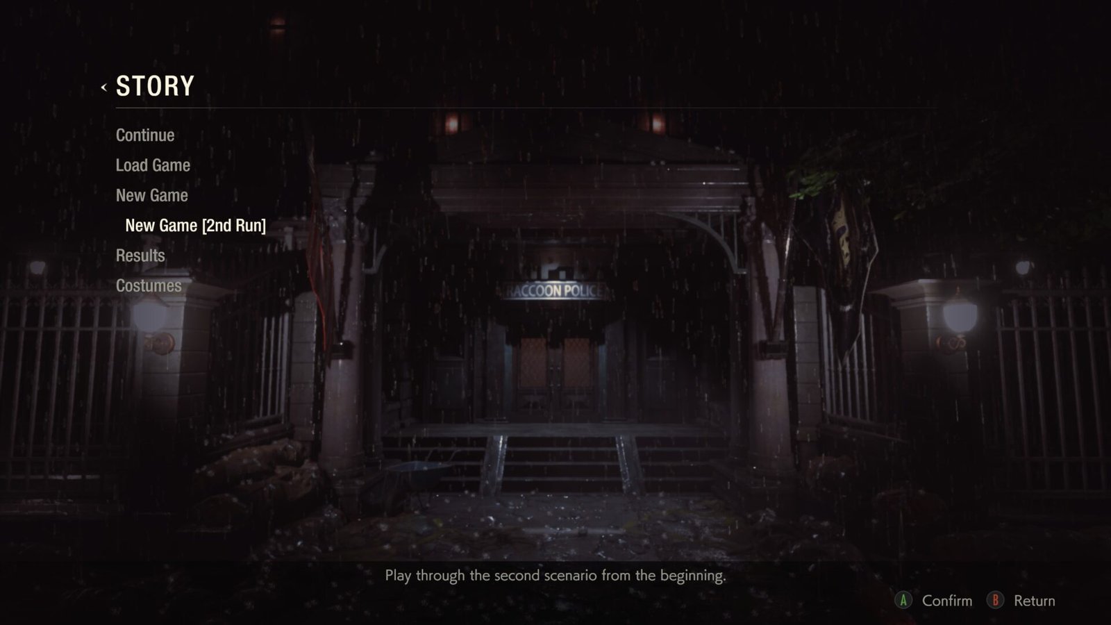 The Resident Evil 2 Story menu screen highlighting the New Game 2nd Run option outside the RPD station in the rain.