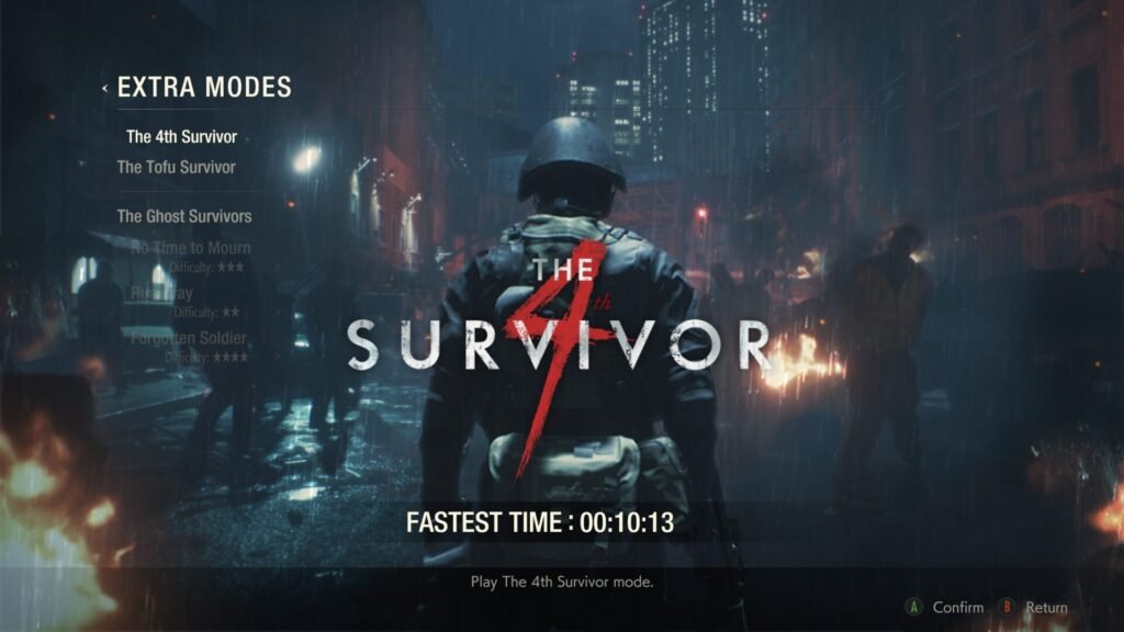 The Resident Evil 2 Extra Modes menu showing The 4th Survivor starring HUNK.