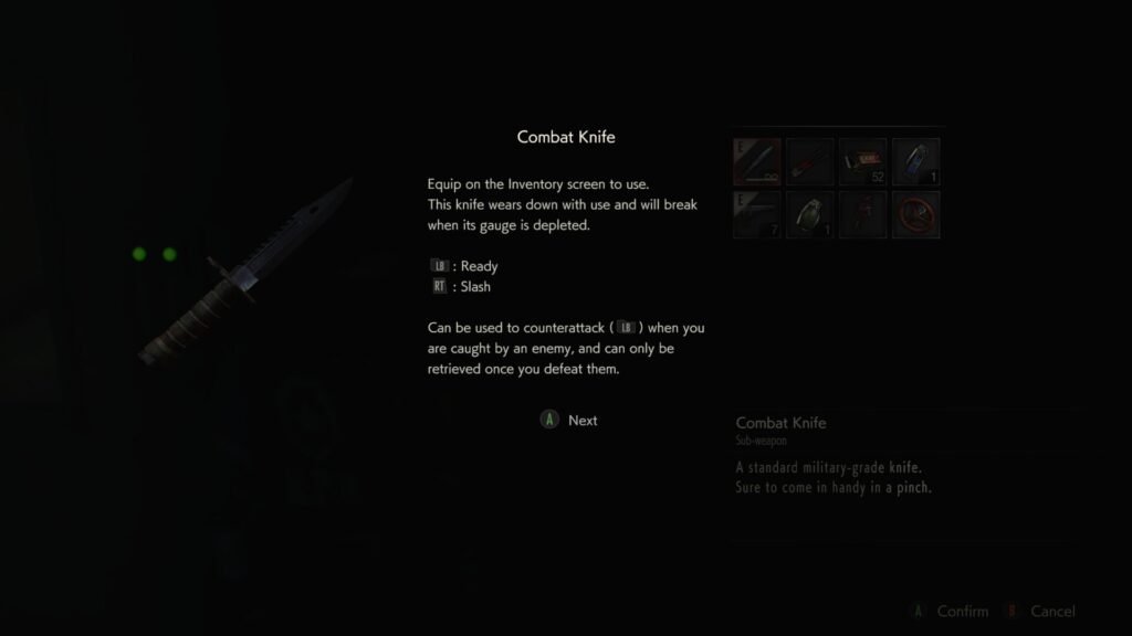 A tutorial screen in Resident Evil 2 explaining combat knife durability and its use for counterattacks against enemies.