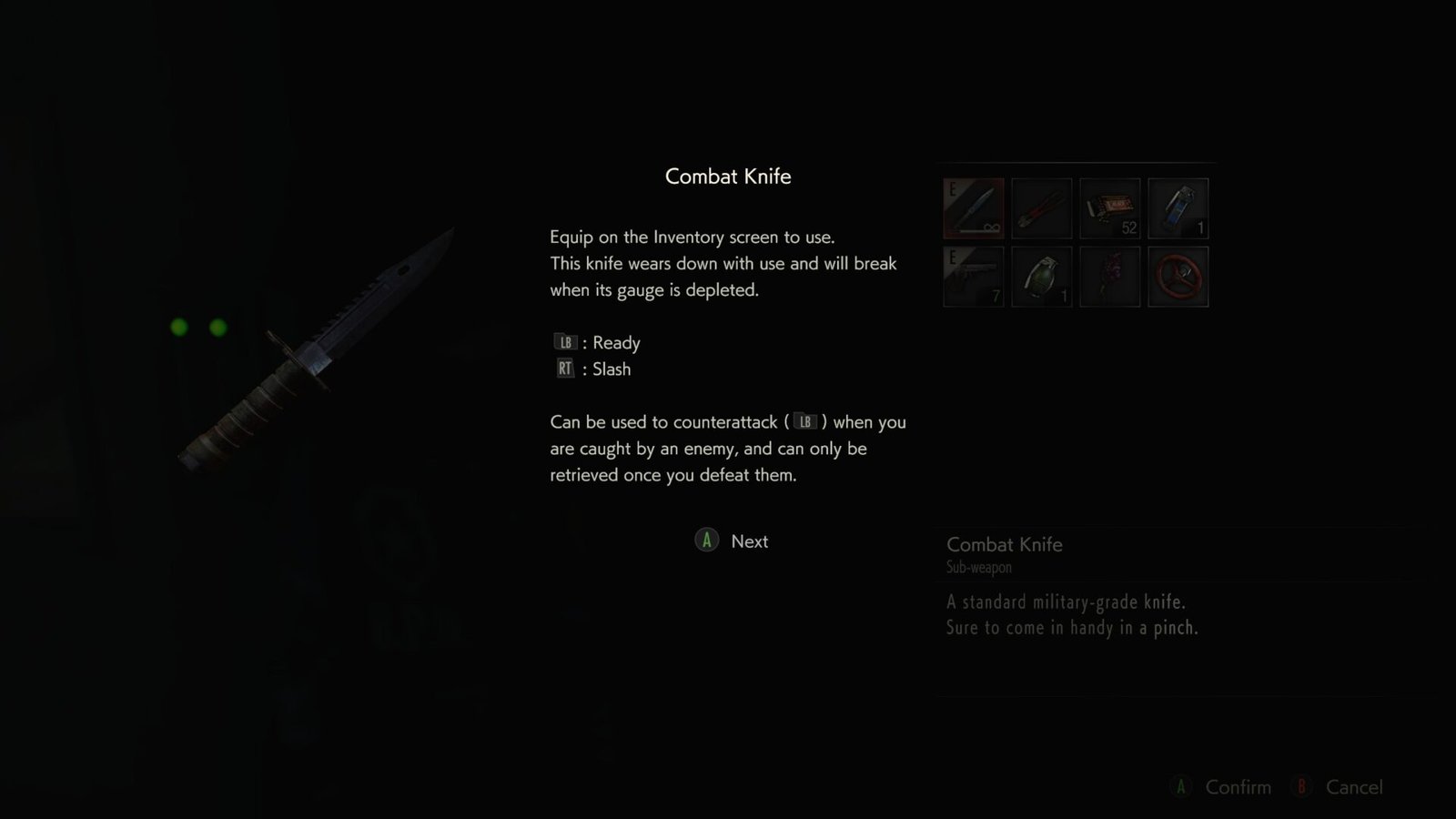A tutorial screen in Resident Evil 2 explaining combat knife durability and its use for counterattacks against enemies.