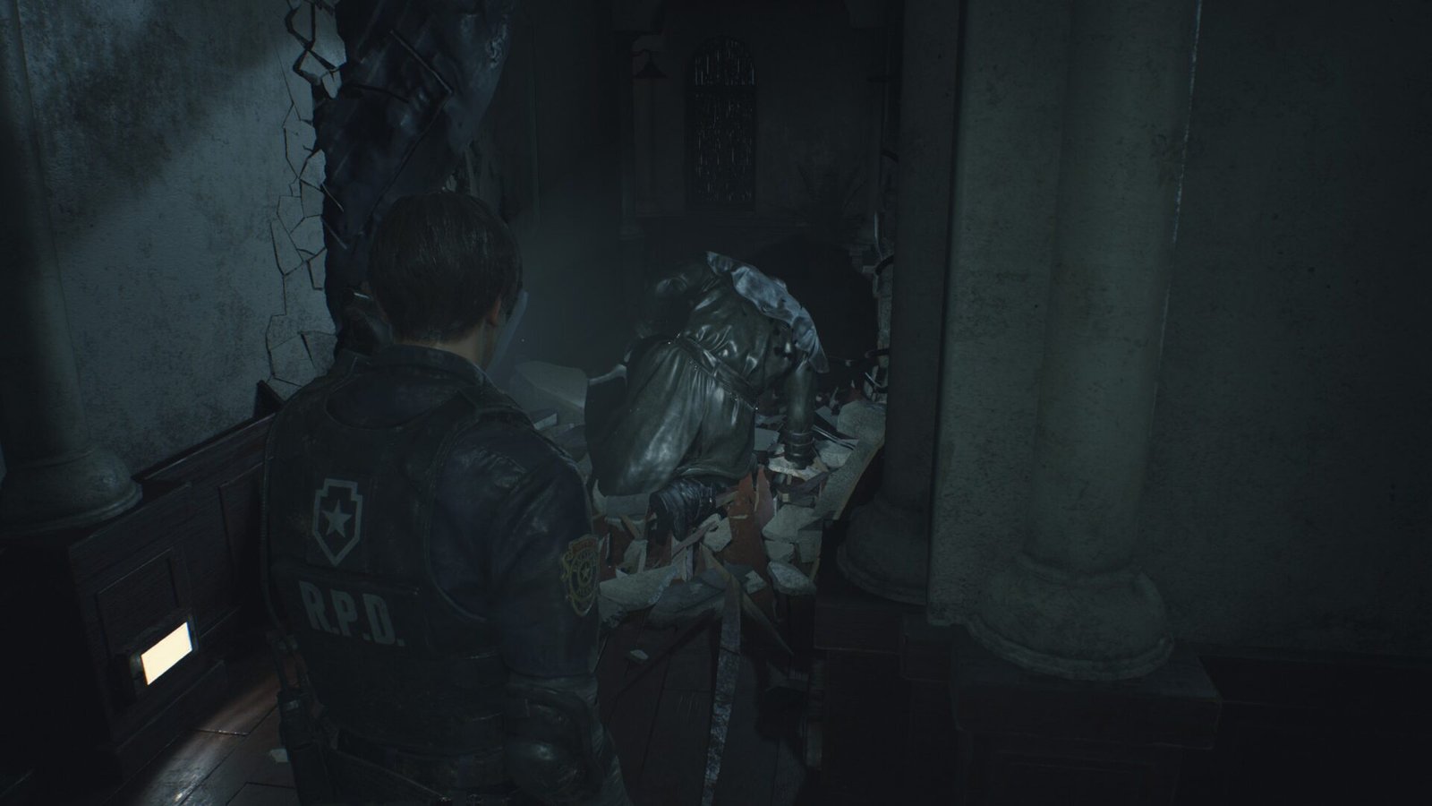 The Tyrant Mr. X lifting a crashed helicopter to pursue Leon in the RPD station.