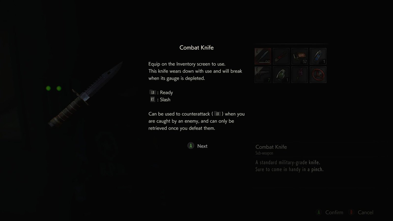 The inventory inspection screen detailing the Combat Knife and its durability gauge mechanics.