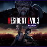 Official key art for Resident Evil 3 (2020) featuring Jill Valentine and Carlos Oliveira with Nemesis looming in the background, topped with a purple and yellow "REVIEW" badge.
