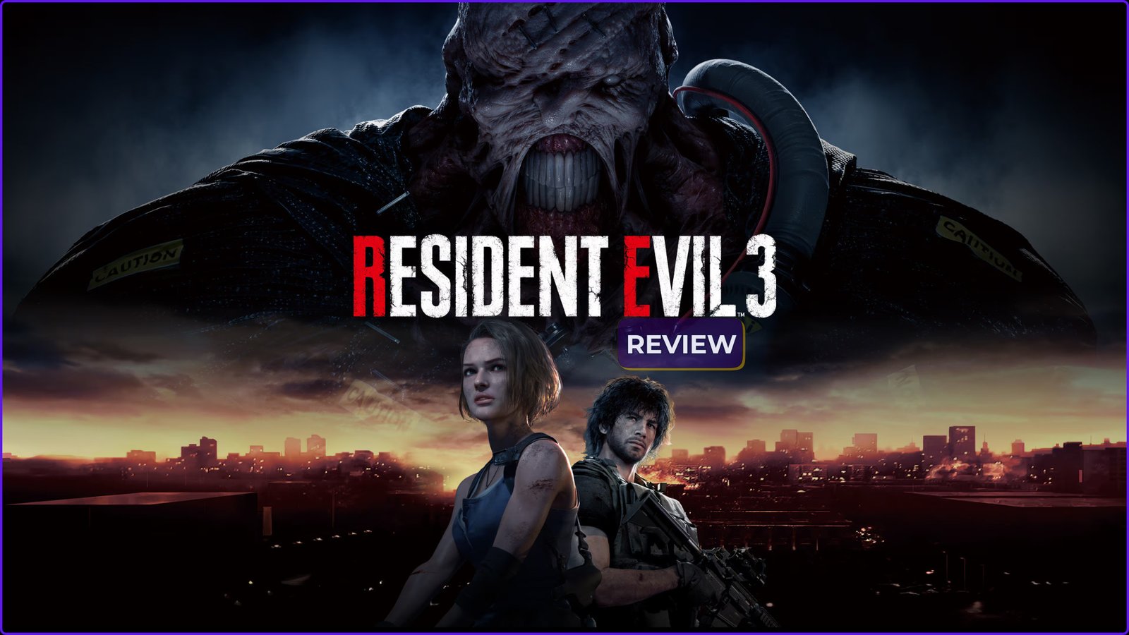 Our cover art for Resident Evil 3 (2020) review featuring Jill Valentine, Carlos Oliveira, and Nemesis.