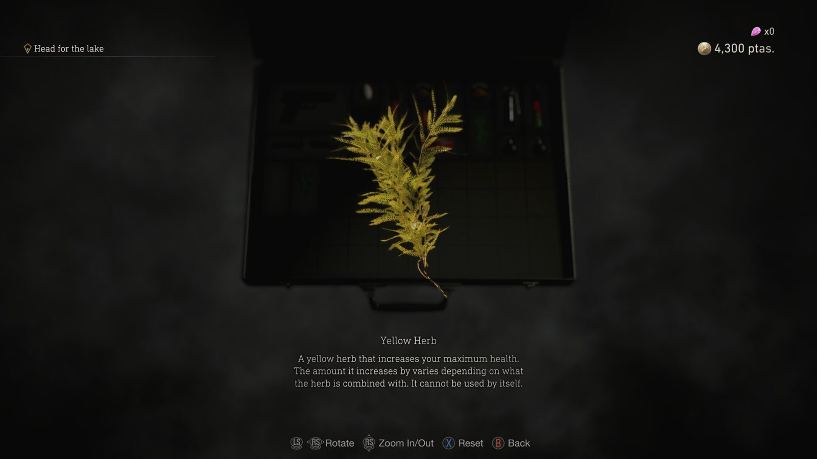 The inventory inspection screen displaying a Yellow Herb item in Resident Evil 4 (2023).