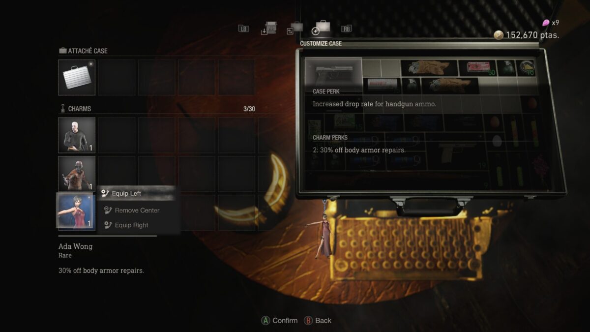 The Attache Case charms menu displaying rare customization options in a Resident Evil 4 (2023) review.