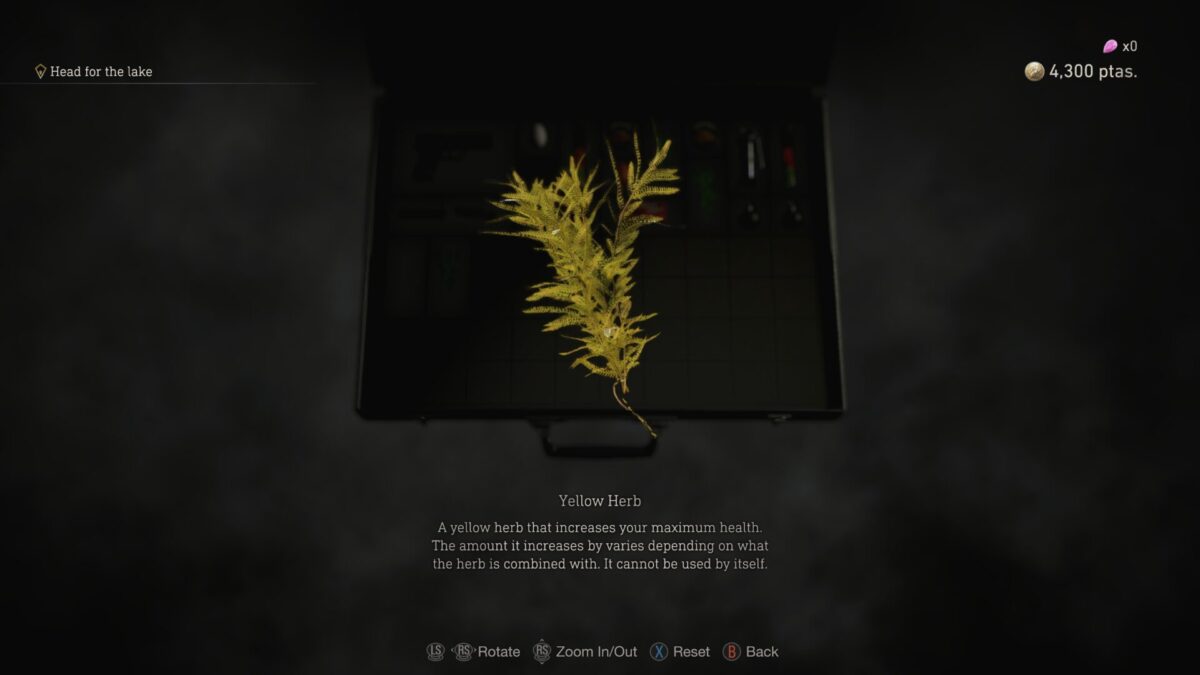 The descriptive menu for a Yellow Herb health upgrade in a Resident Evil 4 (2023) review.