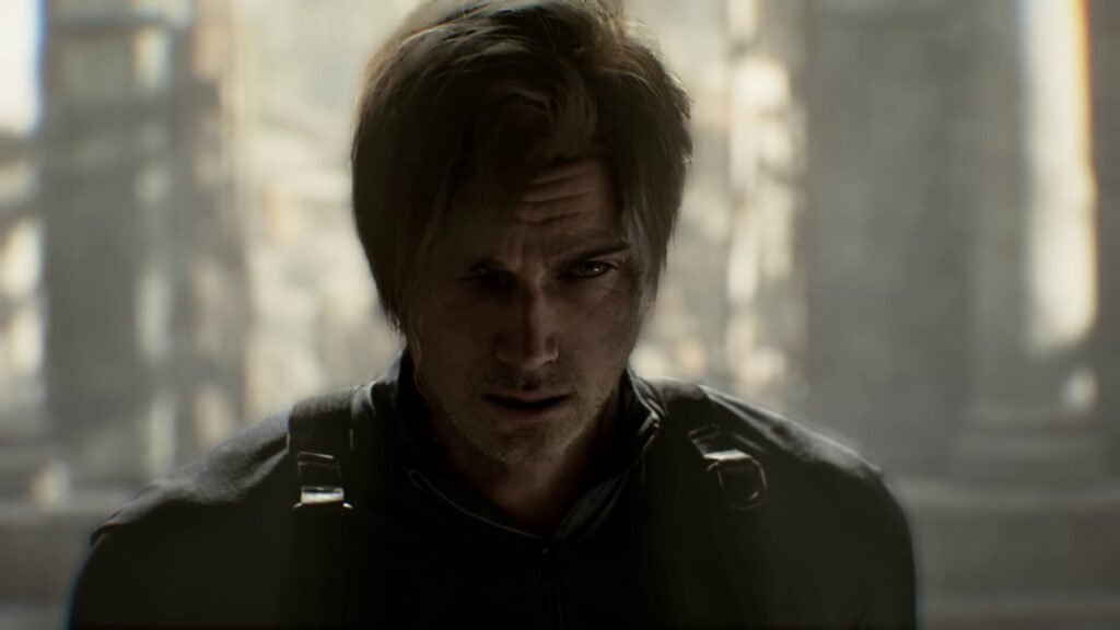 A high-contrast close-up of Leon S. Kennedy from the Resident Evil Requiem 4th Trailer looking determined in a dark, atmospheric setting.