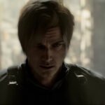 A high-contrast close-up of Leon S. Kennedy from the Resident Evil Requiem 4th Trailer looking determined in a dark, atmospheric setting.