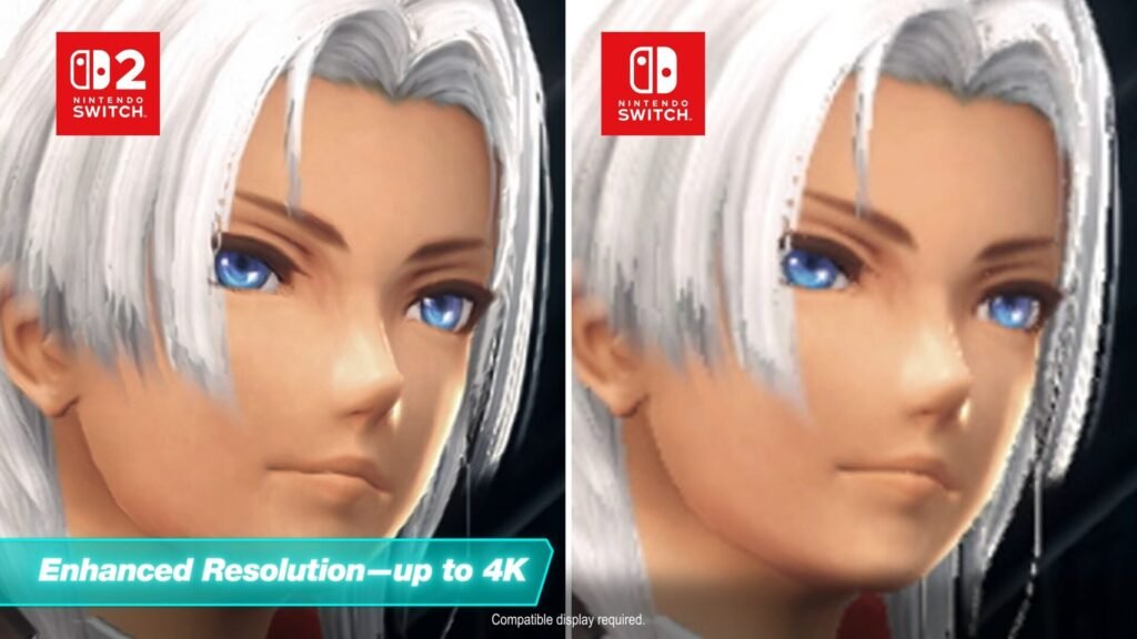A side-by-side comparison of a character's face, with the left side labeled "Nintendo Switch 2" and a banner stating "Enhanced Resolution—up to 4K", and the right side labeled "Nintendo Switch".