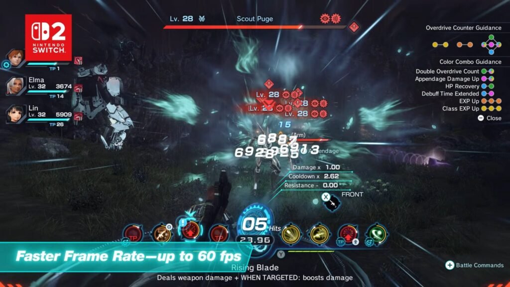 A gameplay screenshot from Xenoblade Chronicles X: DE Switch 2, showing a battle with Elma and Lin against a monster, with a banner text at the bottom reading "Faster Frame Rate—up to 60 fps".