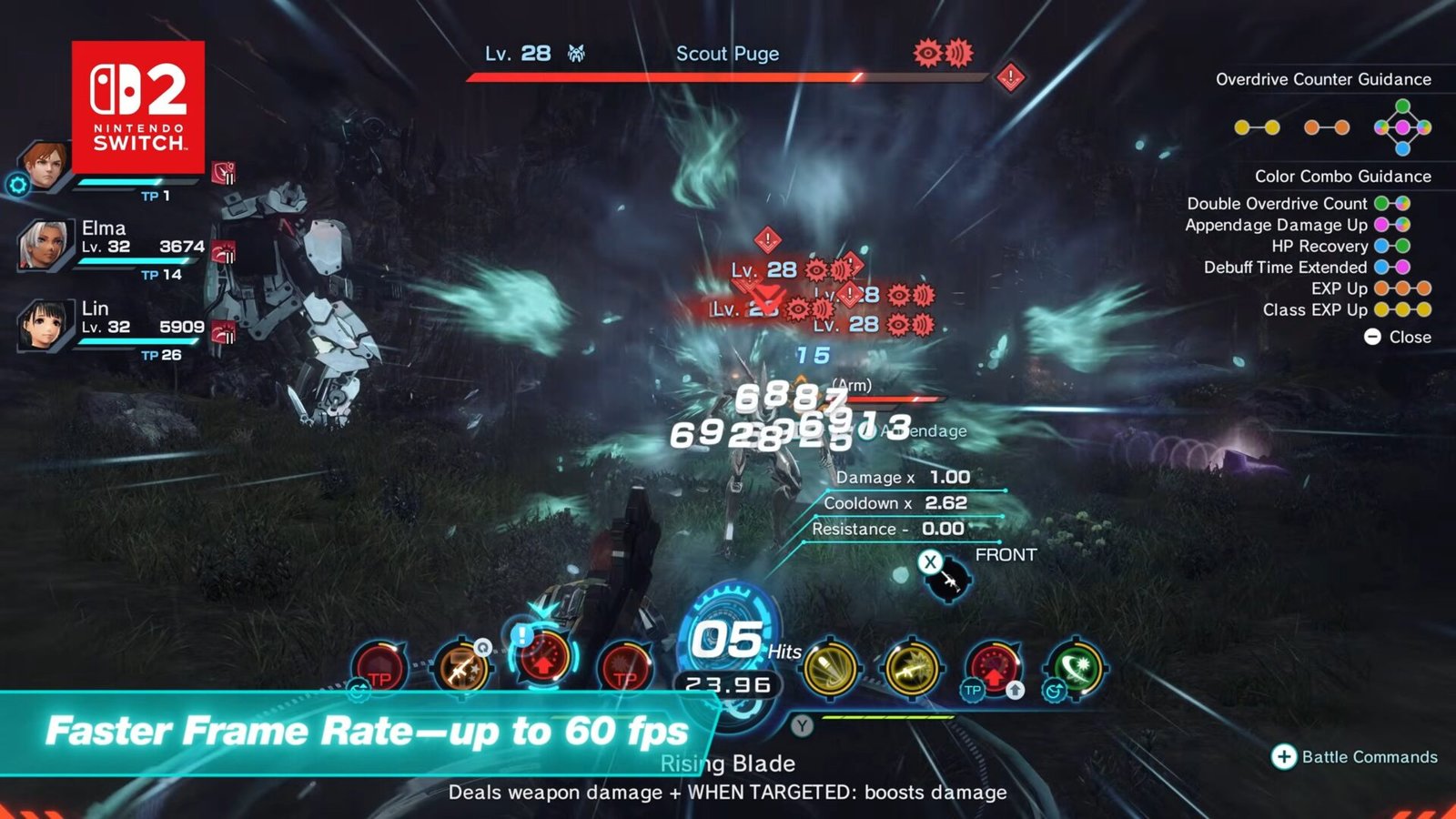 A gameplay screenshot from Xenoblade Chronicles X: DE Switch 2, showing a battle with Elma and Lin against a monster, with a banner text at the bottom reading "Faster Frame Rate,up to 60 fps".