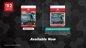 A graphic showing the "Full Game Download" and "Upgrade Pack" options for Xenoblade Chronicles X: DE Switch 2, both marked as "Available Now" on the Nintendo eShop.
