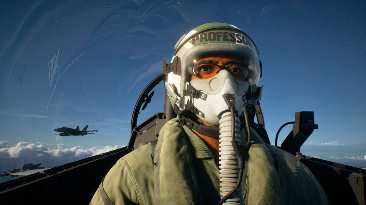 A detailed view of the pilot 'PROFESSOR' in a fighter jet cockpit from the Strangereal Evolution Episode 1 anniversary trailer.