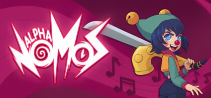 The main character Cello from the Alpha Nomos demo standing next to the game logo with musical notes in the background.