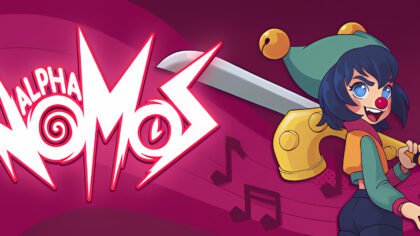 The main character Cello from the Alpha Nomos demo standing next to the game logo with musical notes in the background.