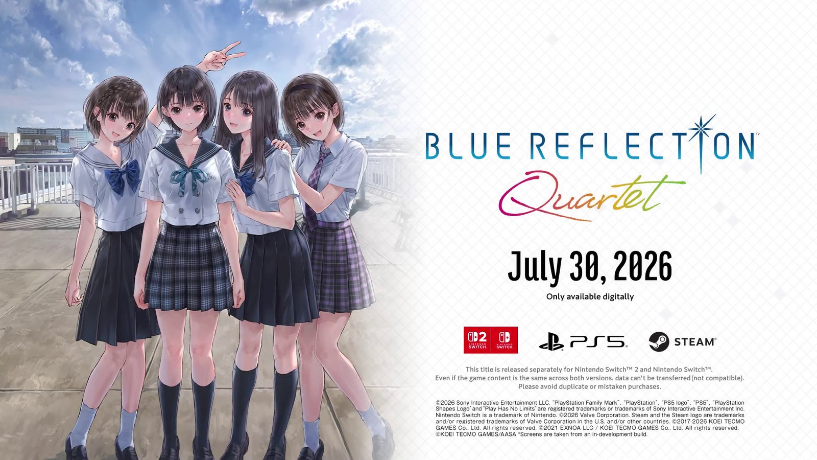 The lead characters from all four titles in the collection, featured for the BLUE REFLECTION Quartet release date announcement