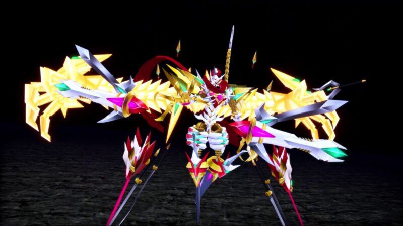 A high-fidelity look at a new gold and white armored Mega Digimon with massive wings and multiple blades from the Digimon Story Anti-ParadoX DLC.