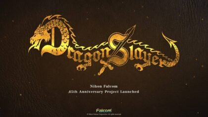 The official 45th anniversary gold logo for the Dragon Slayer Project announcement from Falcom, centered on a dark textured background.