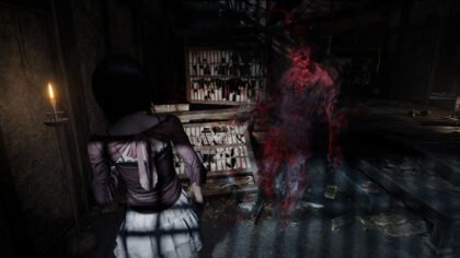 Mio Amakura facing a glowing red spirit in a dark Japanese house from the Fatal Frame 2 Remake ghost balance patch update.