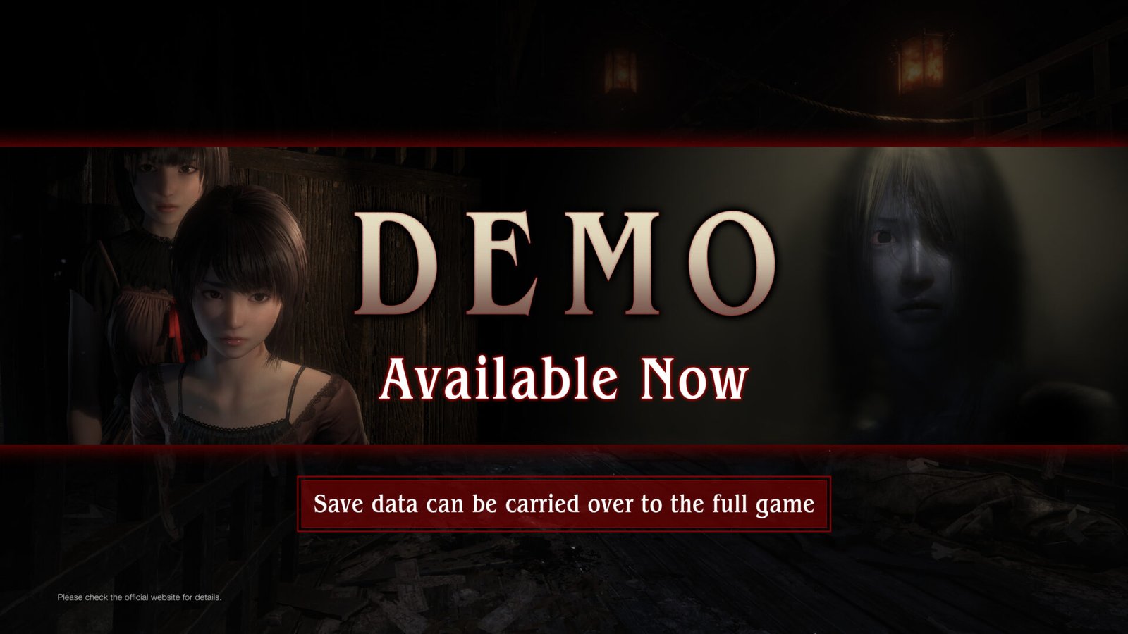 A promotional banner for the Fatal Frame II Crimson Butterfly remake demo showing the Amakura twins and a confirmation that save data carries over.