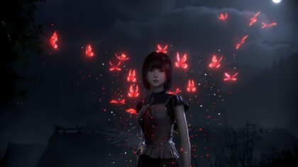 Mio Amakura stands alone with crimson butterflies in the Fatal Frame II Remake 1.03.03 Patch artwork.