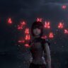 Mio Amakura stands alone with crimson butterflies in the Fatal Frame II Remake 1.03.03 Patch artwork.