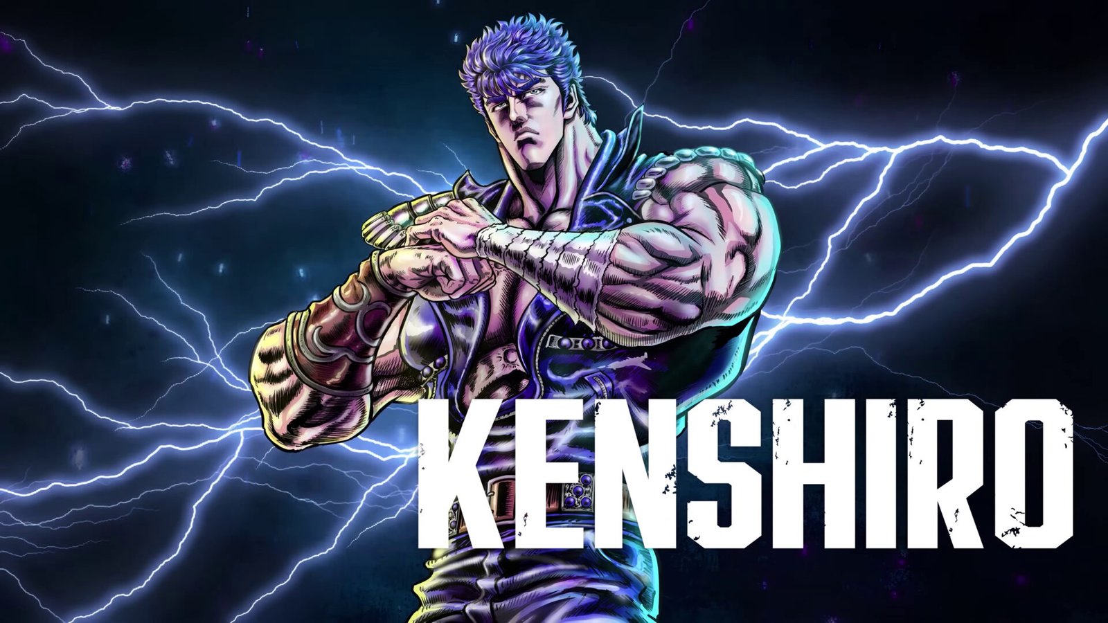 Kenshiro standing powerfully with lightning in a neon-lit South Town, announcing him as a Fatal Fury: City of the Wolves Season 2 DLC character.