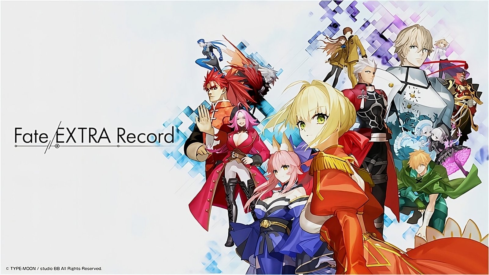 The main cast of characters from the Fate/EXTRA Record delay announcement artwork.