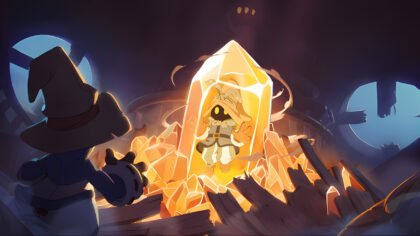 Official concept art for the Final Fantasy IX animated series showing a dark mage trapped inside a glowing yellow crystal.