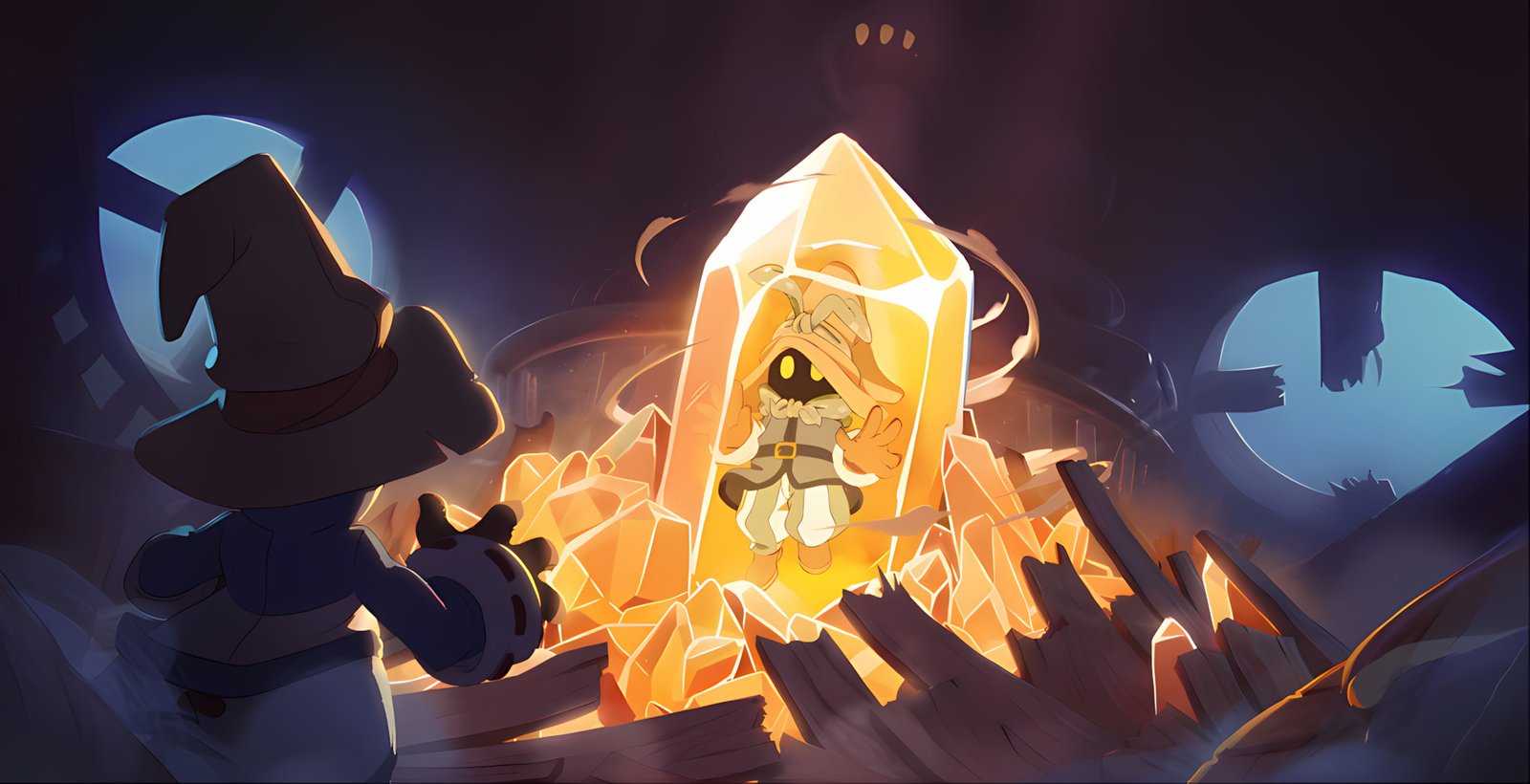 Official concept art for the Final Fantasy IX animated series showing a dark mage trapped inside a glowing yellow crystal.