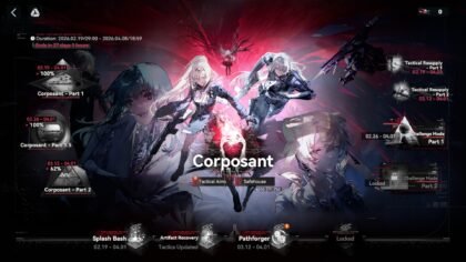 Girls' Frontline 2 Corposant Part 2 event hub screen showing mission progress and navigation options.