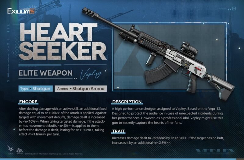 A Vepley Ullrid Guide weapon detail image of the Heart Seeker shotgun assigned to Vepley.