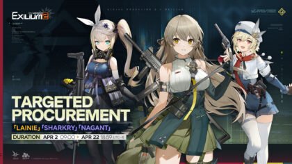 Girls’ Frontline 2 targeted procurement banner featuring Lainie, Sharkry, and Nagant for Lainie Breakdown guide.