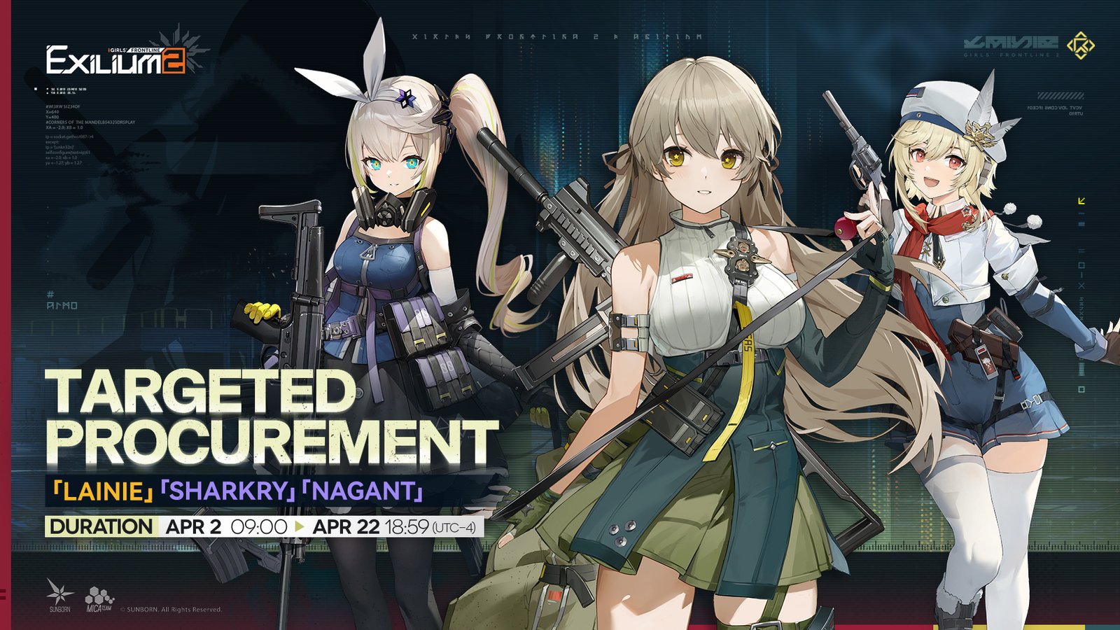 Girls’ Frontline 2 targeted procurement banner featuring Lainie, Sharkry, and Nagant for Lainie Breakdown guide.