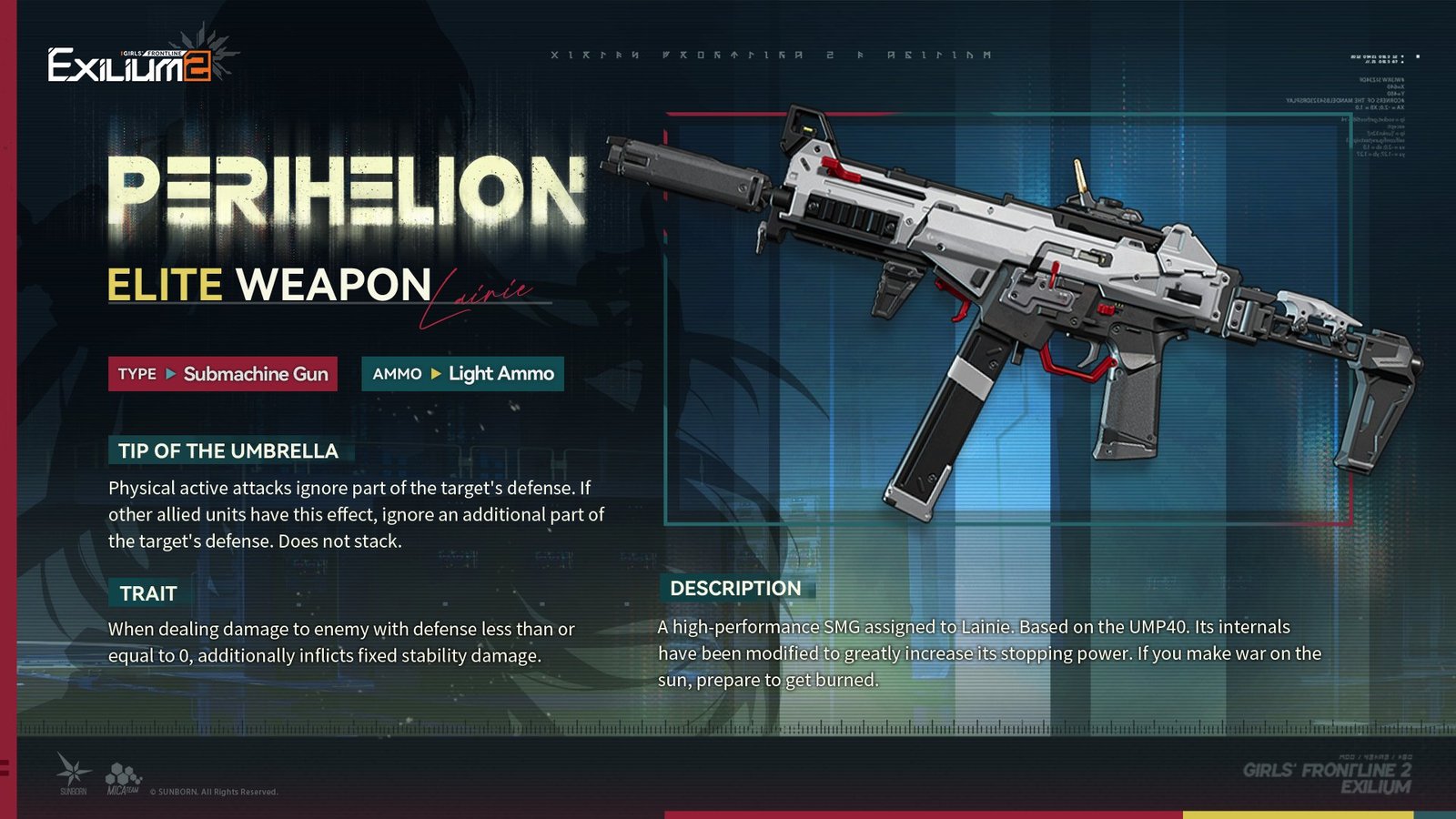 Perihelion Elite Weapon signature submachine gun for Lainie in Girls Frontline 2 Exilium.