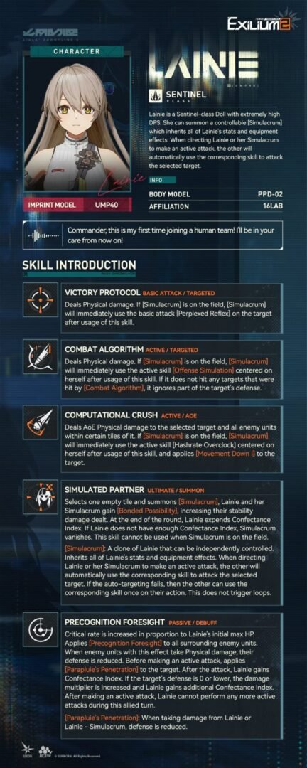 Detailed skill breakdown for Lainie GFL2 showing Victory Protocol and Simulated Partner ultimate skill.