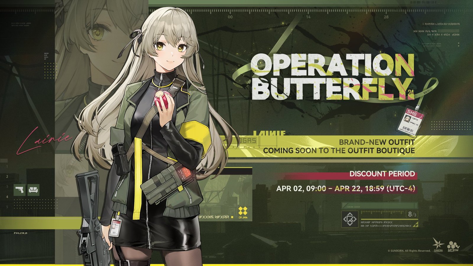 Operation Butterfly outfit for Lainie in Girls' Frontline 2. Used for the Lainie Breakdown guide.