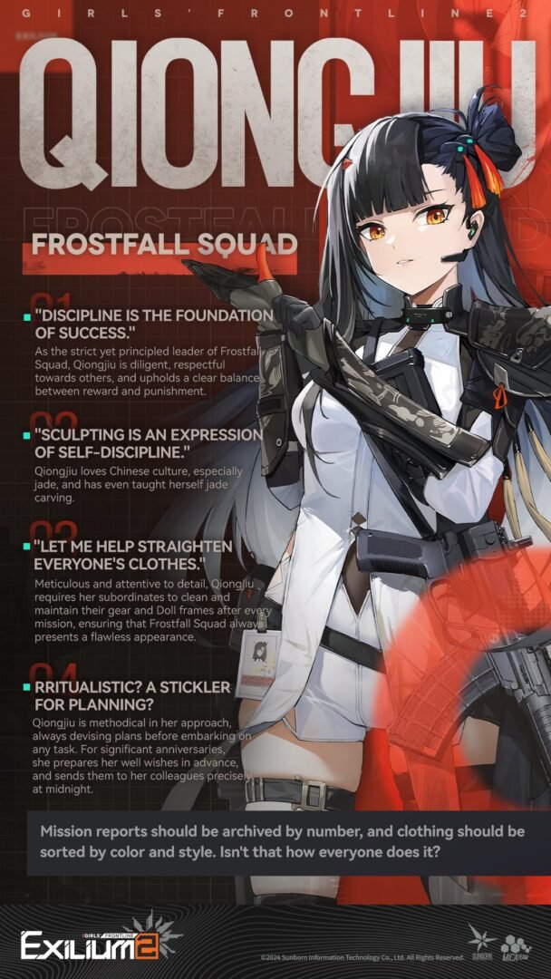 Character profile for Qiongjiu in GFL2: Exilium, featuring her dark hair, red hair tie, and disciplined demeanor. It highlights her role as the leader of Frostfall Squad. Image for Tololo Qiongjiu Guide.