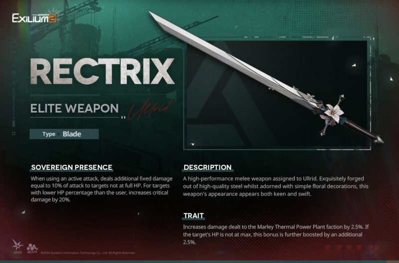 A Vepley Ullrid Guide weapon detail image of the Rectrix blade assigned to Ullrid.