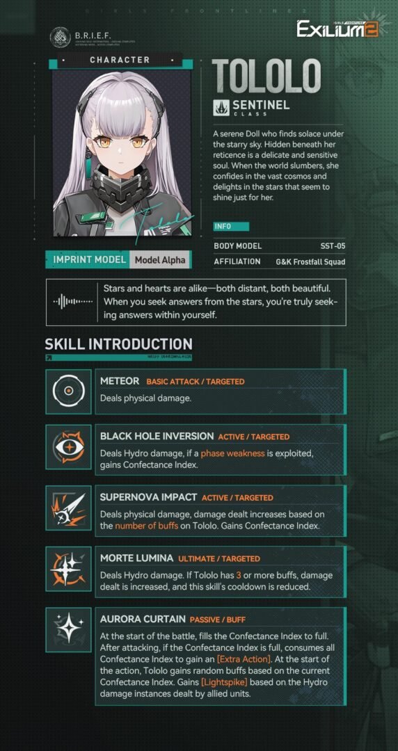 Skill introduction for Tololo in GFL2, detailing her Sentinel class abilities like Meteor and Black Hole Inversion. It explains her Aurora Curtain passive and Extra Action mechanic. Image for Tololo Qiongjiu Guide.