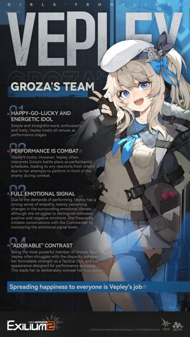 A Vepley Ullrid Guide profile image of Vepley showing her blue and white idol outfit and high-energy personality.