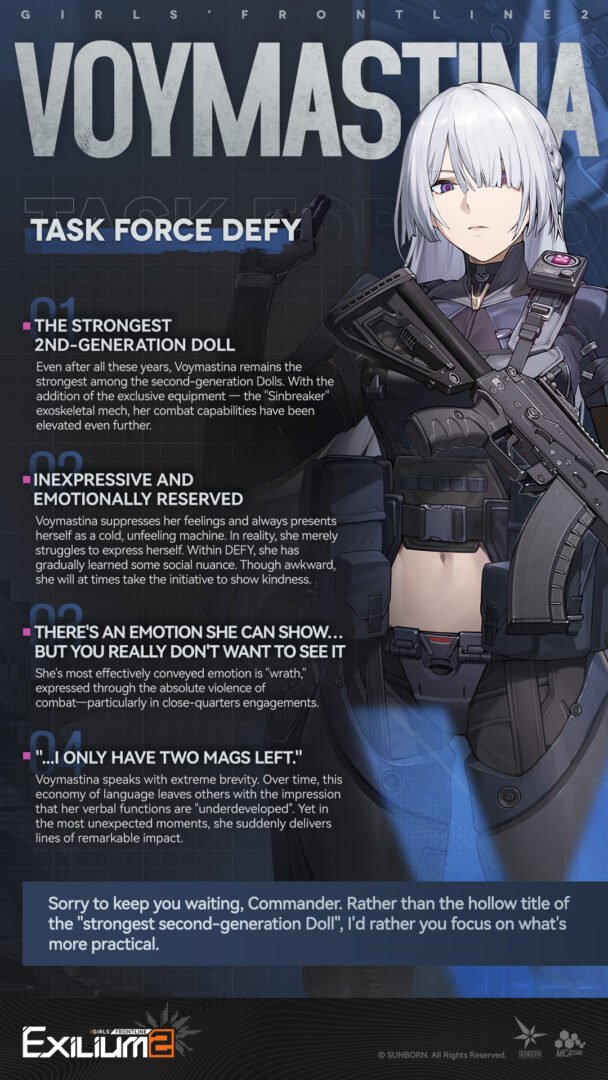 Voymastina character profile from Girls' Frontline 2: Exilium detailing her lore as the strongest 2nd generation doll in Task Force DEFY.